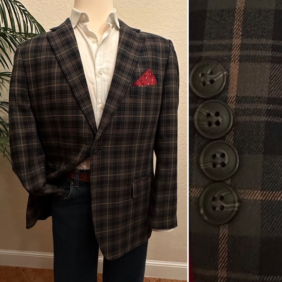 HAGGAR MENS BLAZER SIZE 44 OLIVE GREEN TAN PLAID SPORT COAT